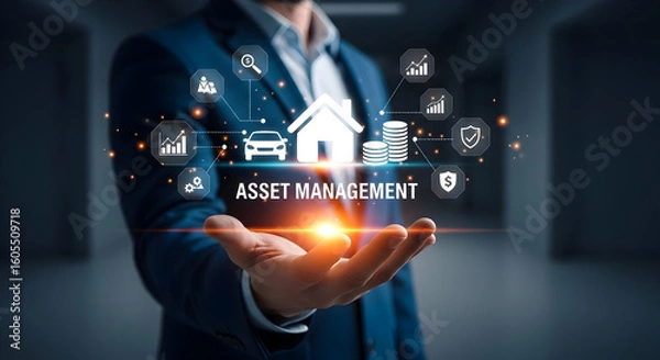 Fototapeta Professional asset management concept with icons symbolizing home, car, and finance security