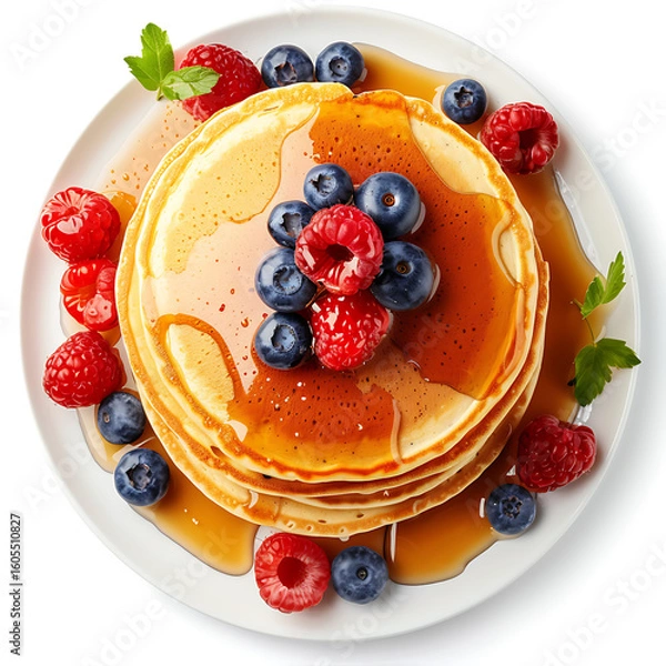 Fototapeta Stack of Pancakes Topped with Fresh Berries and Syrup