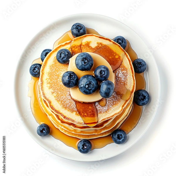 Fototapeta Stack of Golden Pancakes Topped with Fresh Blueberries and Syrup