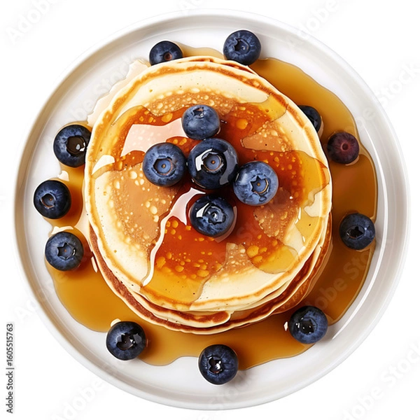 Fototapeta Stack of Pancakes Topped with Blueberries and Syrup on a White Plate
