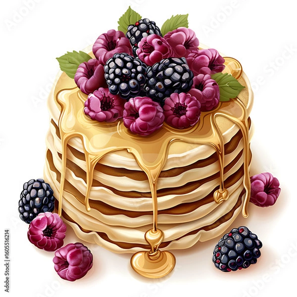 Fototapeta Stack of Pancakes Topped with Berries and Honey