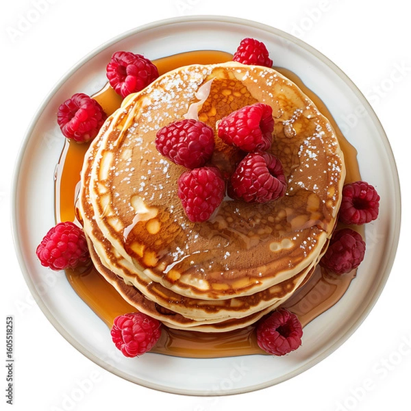 Fototapeta Stack of Pancakes Topped with Fresh Raspberries and Syrup