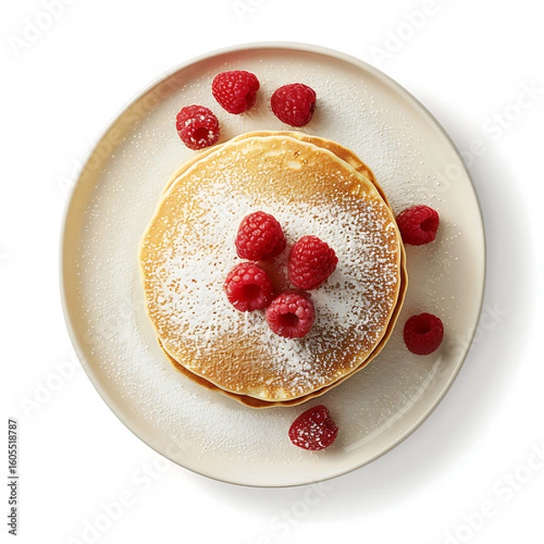 Fototapeta Stack of Pancakes Topped with Raspberries and Powdered Sugar on a Beige Plate