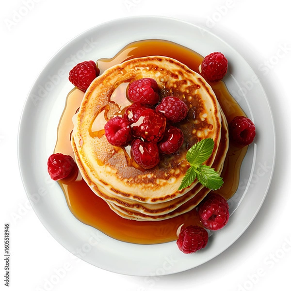 Fototapeta Stack of Pancakes Topped with Raspberries and Syrup on a White Plate
