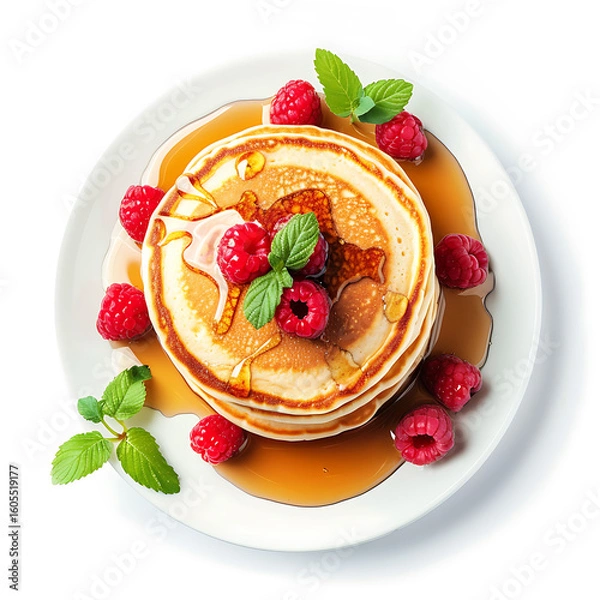 Fototapeta Stack of Pancakes Topped with Raspberries, Mint Leaves, and Syrup