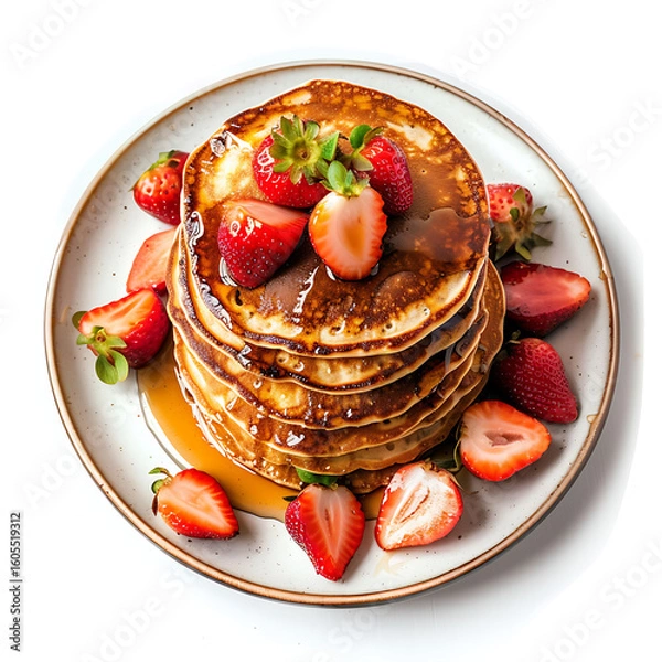 Fototapeta Stack of Pancakes Topped with Fresh Strawberries and Syrup