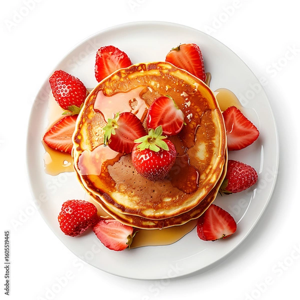 Fototapeta Stack of Pancakes Topped with Fresh Strawberries and Syrup on a White Plate
