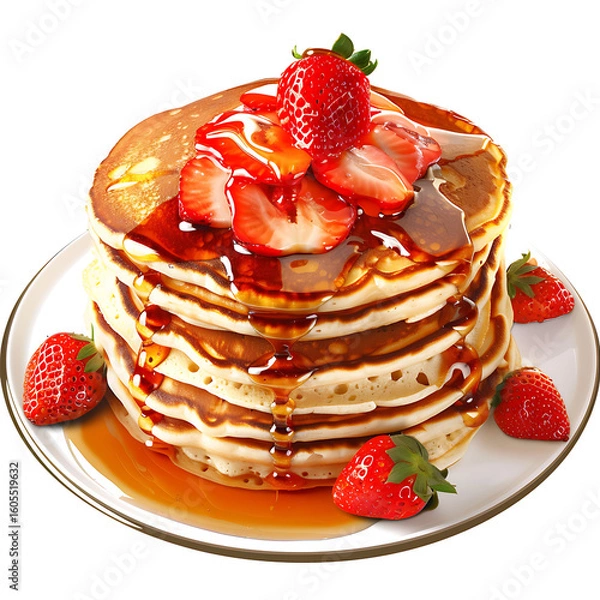 Fototapeta Stack of Pancakes Topped with Strawberries and Syrup