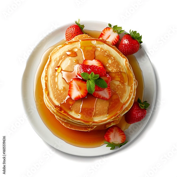 Fototapeta Stack of Pancakes Topped with Fresh Strawberries and Syrup