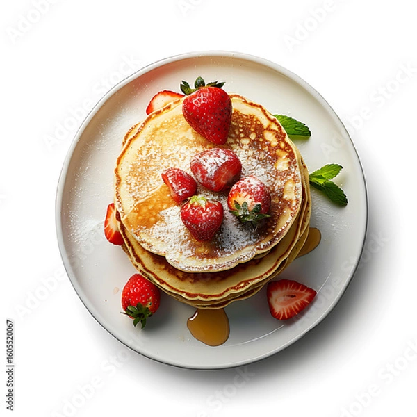 Fototapeta Stack of Pancakes Topped with Fresh Strawberries and Powdered Sugar