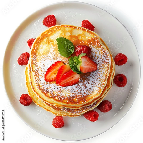 Fototapeta Stack of Pancakes Topped with Fresh Strawberries and Powdered Sugar