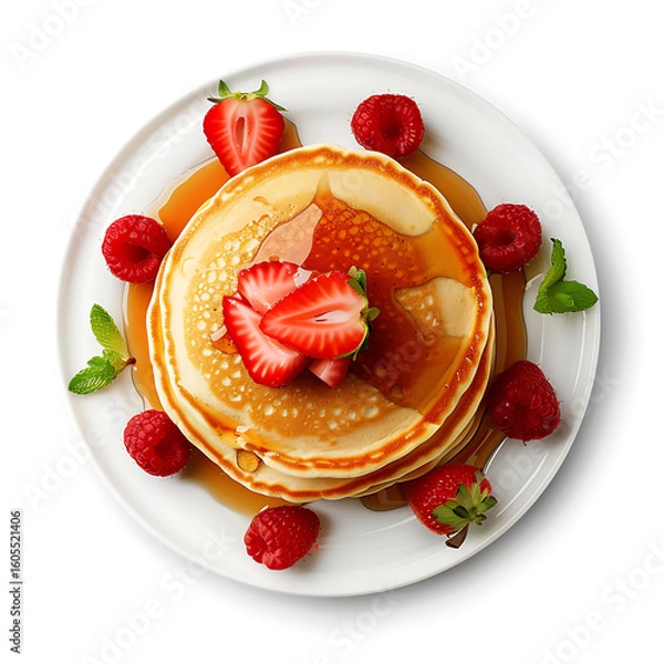 Fototapeta Stack of Pancakes Topped with Fresh Berries and Syrup