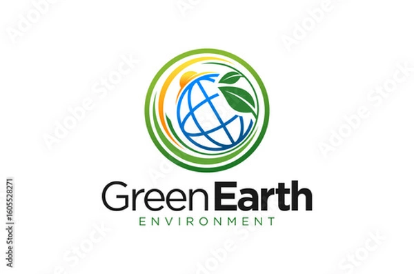 Fototapeta Green Earth Environment logo design showcases globe with leaves, symbolizing eco-friendly practices. Vector illustration.