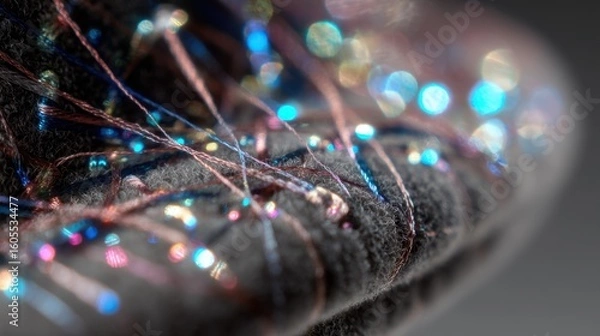 Fototapeta Conductive threads, illuminated with shimmering lights, embed into a dark gray fabric, showcasing the integration of technology and fashion in wearable technology