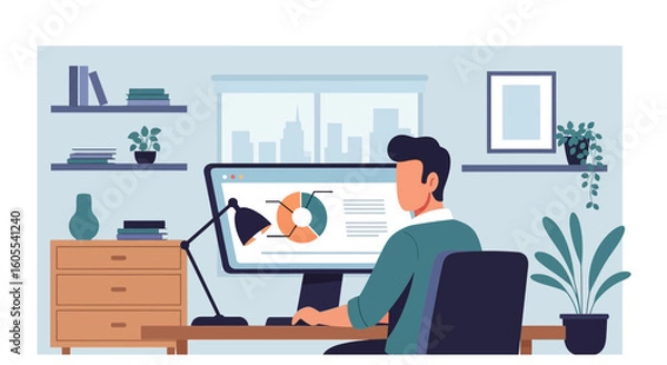 Fototapeta Man Working From Home Analyzing Data On Computer Screen