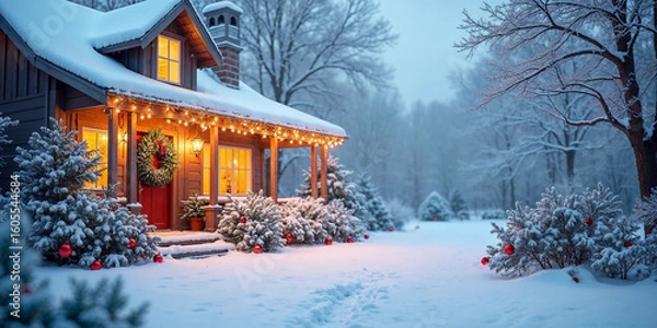 Obraz Cozy Snowy Christmas House with Decorations and Falling Snow – Winter Holiday Banner Scene