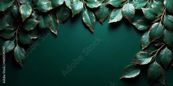 Obraz Luxurious Emerald Green Metal Leaves Background with Gold Edges – Seamless Decorative Pattern
