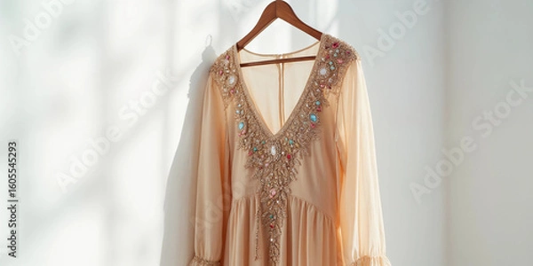Obraz Beaded Beige Couture Dress on Hanger Against White Background — Close-Up for Fashion Banner