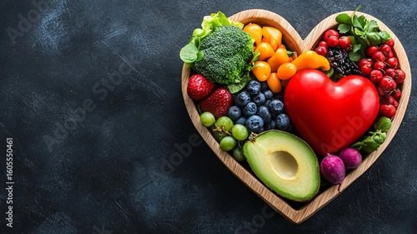 Fototapeta Nutritional food aimed at heart health includes clean fruits and vegetables, presented in a heart-shaped dish by a nutritionist.