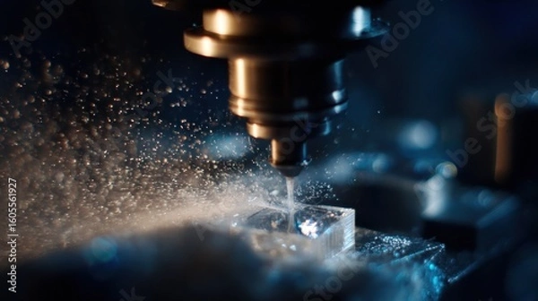 Fototapeta Automated microgrinding machine is precisely polishing a sapphire lens with a fine mist of polishing agents in a controlled industrial environment