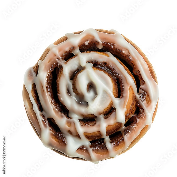 Fototapeta A top-down view of a freshly baked cinnamon roll with white icing drizzled over the spiral layers.