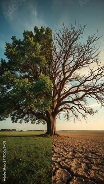Fototapeta Tree standing with two contrasting halves