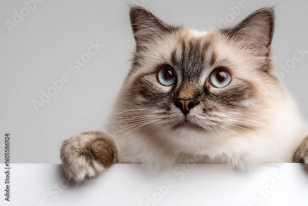 Fototapeta A beautiful Ragdoll cat with striking blue eyes peers over a white ledge, looking directly at the viewer.