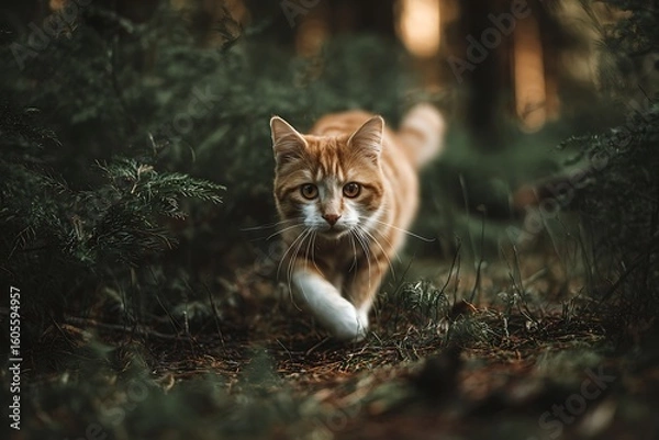 Obraz A ginger cat with white paws walks towards the camera through a dark, leafy forest.