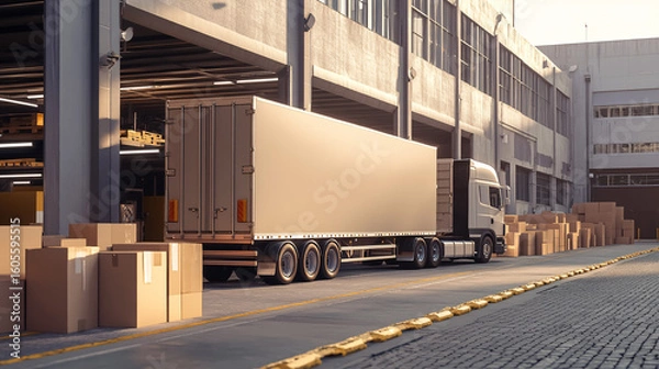 Fototapeta Delivery boxes are optimized and packed onto a large truck outside a warehouse.
