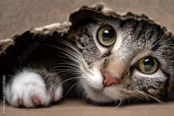 Obraz Close-up of a tabby cat peeking out from crumpled paper.