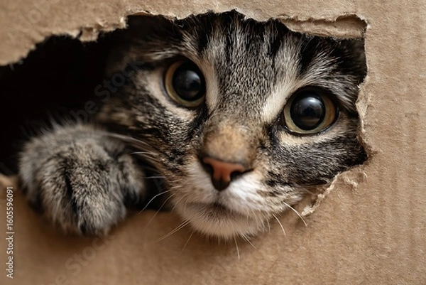 Obraz Curious tabby cat peeks through a hole in a cardboard box, observing.