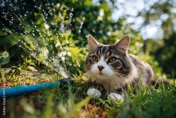 Obraz A fluffy tabby cat relaxes in a garden, enjoying water spray.