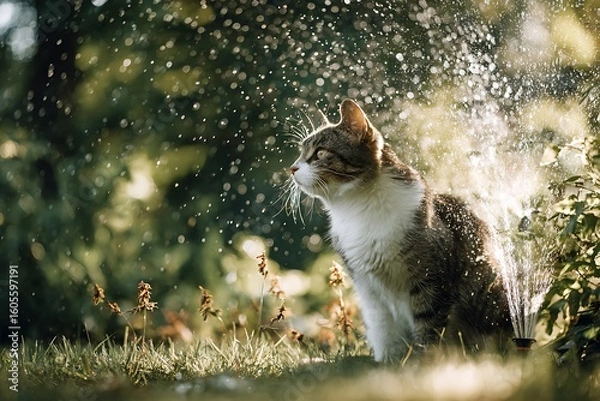 Obraz A tabby cat sits outdoors, enjoying the spray of water droplets in a sunlit garden.