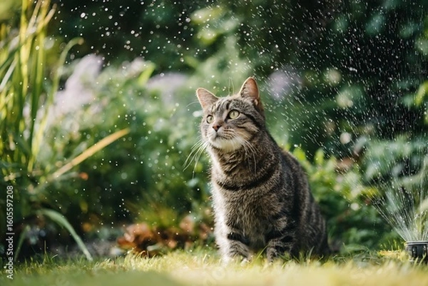 Obraz A tabby cat sits in a garden, gazing upwards with water droplets around.