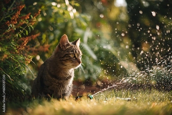 Obraz A tabby cat sits in a garden near a sprinkler, watching the water spray on a sunny day.