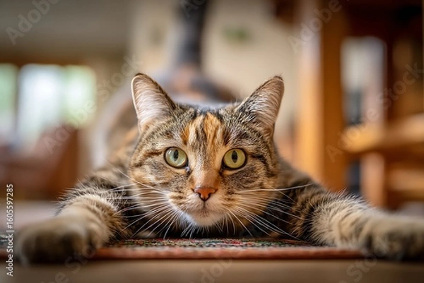 Obraz A tabby cat lies on a rug, stretching its paws forward and looking directly at the camera.