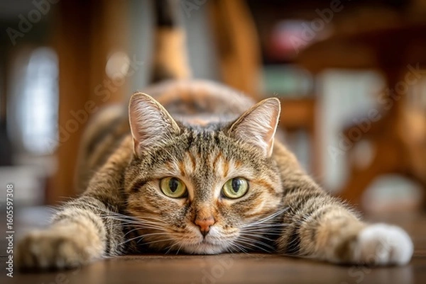 Obraz A tabby cat stretches out on a wooden floor, looking directly at the camera with bright yellow eyes.