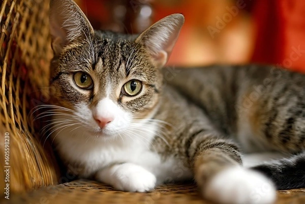 Obraz A tabby cat with white markings rests on a wicker chair, looking directly at the viewer.