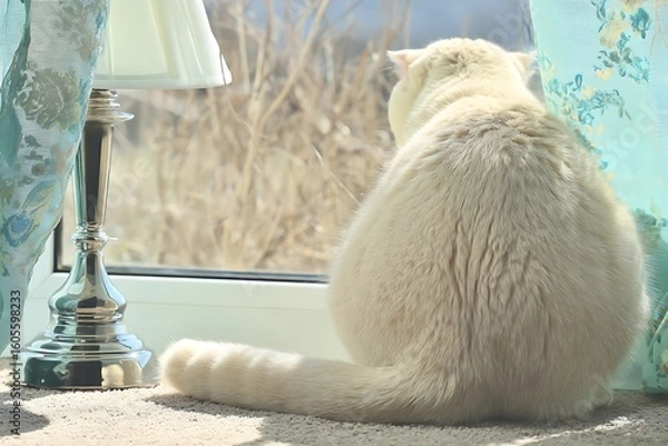 Obraz A white cat sits on a windowsill, gazing out at a blurred landscape through a window beside a lamp and curtains.