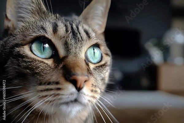 Obraz Close-up of a tabby cat with striking turquoise eyes, looking intently to the side.