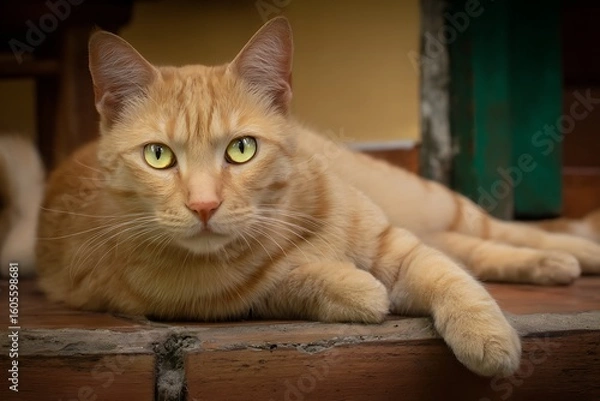 Obraz A ginger cat resting on a brick surface, its gaze directed at the viewer.