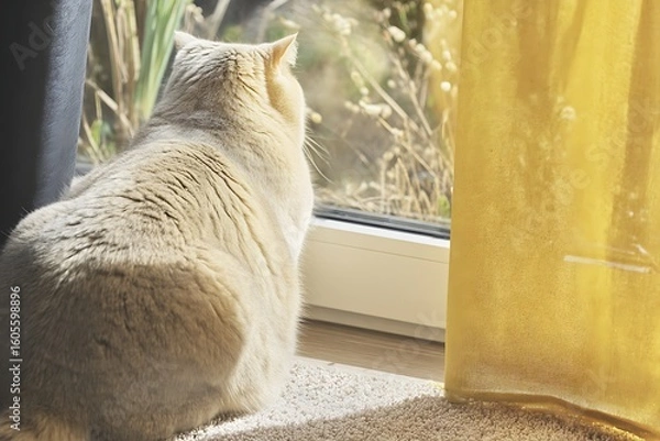 Obraz Fluffy cream-colored cat sits by a window, gazing at the outdoors through the glass.