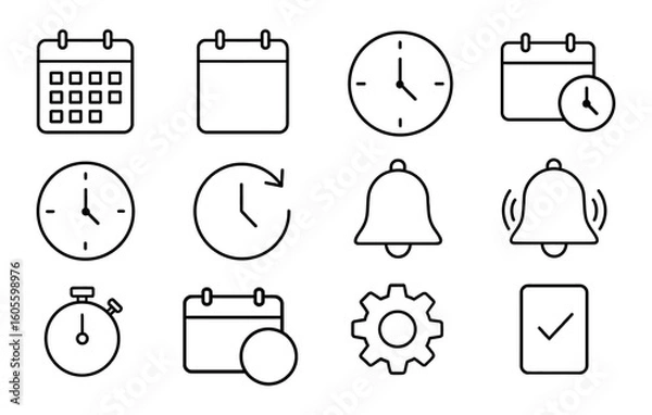 Fototapeta Time management, calendar, clock, bell, stopwatch, gear, checklist line icon set, outline style
