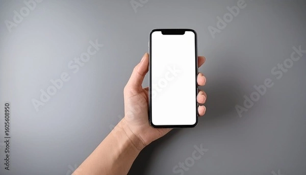 Fototapeta hand holding smartphone with blank screen gray background technology mobile phone app mockup