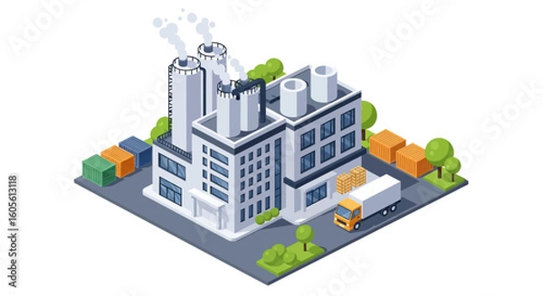 Fototapeta Adobe Illustrator artwork 3D isometric view of a modern factory building with chimneys emitting smoke, surrounded by trees, cargo containers, and a delivery truck. Ideal for industrial and logistics t