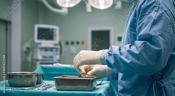 Fototapeta Surgeon in sterile operating room, meticulously preparing surgical instruments.