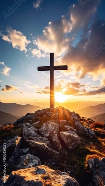 Fototapeta Cross on mountaintop at sunset