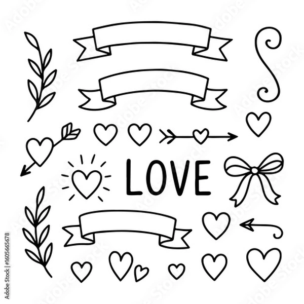Fototapeta Romantic Hand Drawn Love Elements Set with Hearts, Ribbons and Arrows