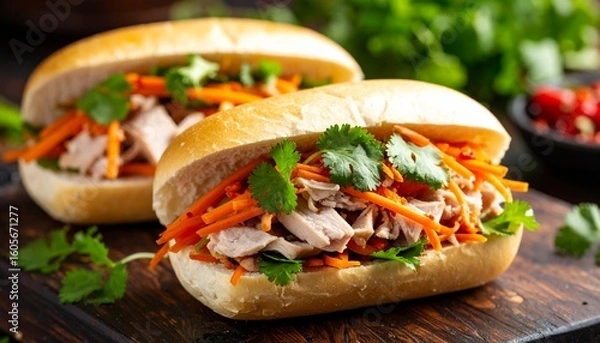 Fototapeta Cambodian Num Pang Sandwich with Pickled Vegetables. Southeast Asian Street Food 