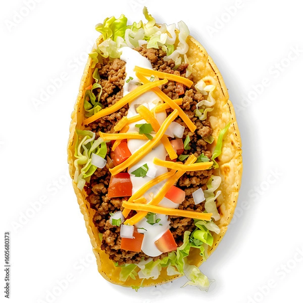 Fototapeta Loaded Taco with Ground Meat, Shredded Cheese, Lettuce, Tomatoes, and Sour Cream